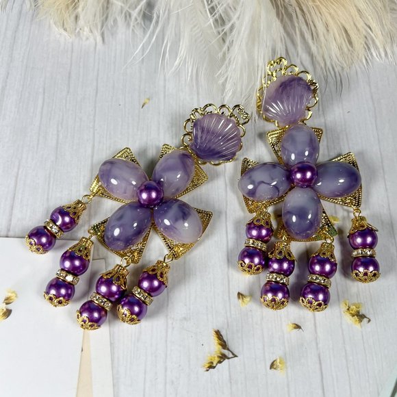 Vintage Purple Earrings, Lavender rhinestone earrings, Statement Prom Earring - Picture 3 of 7